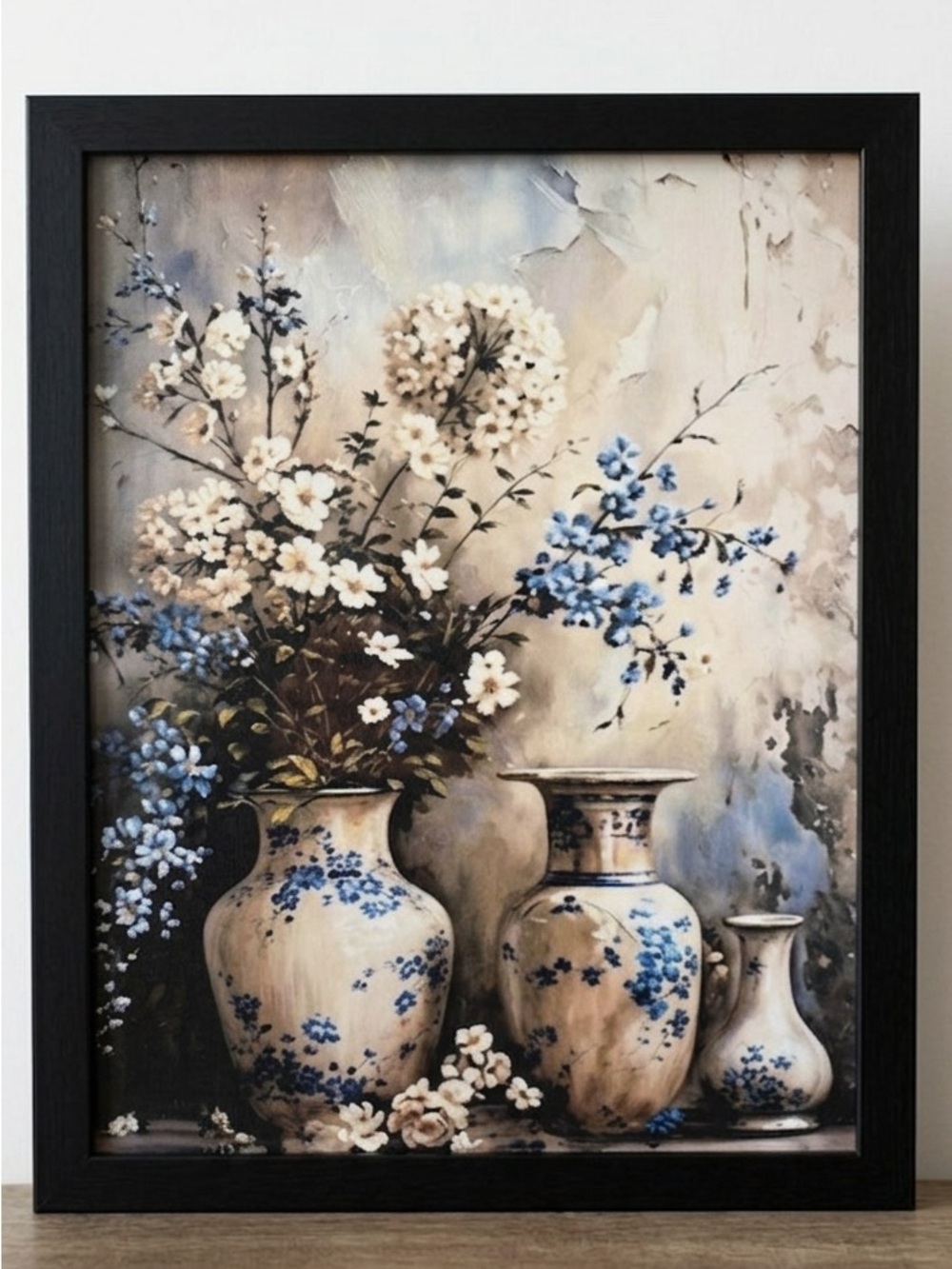 Framed 8x10 Floral Still Life Painting with Blue & Cream Vases